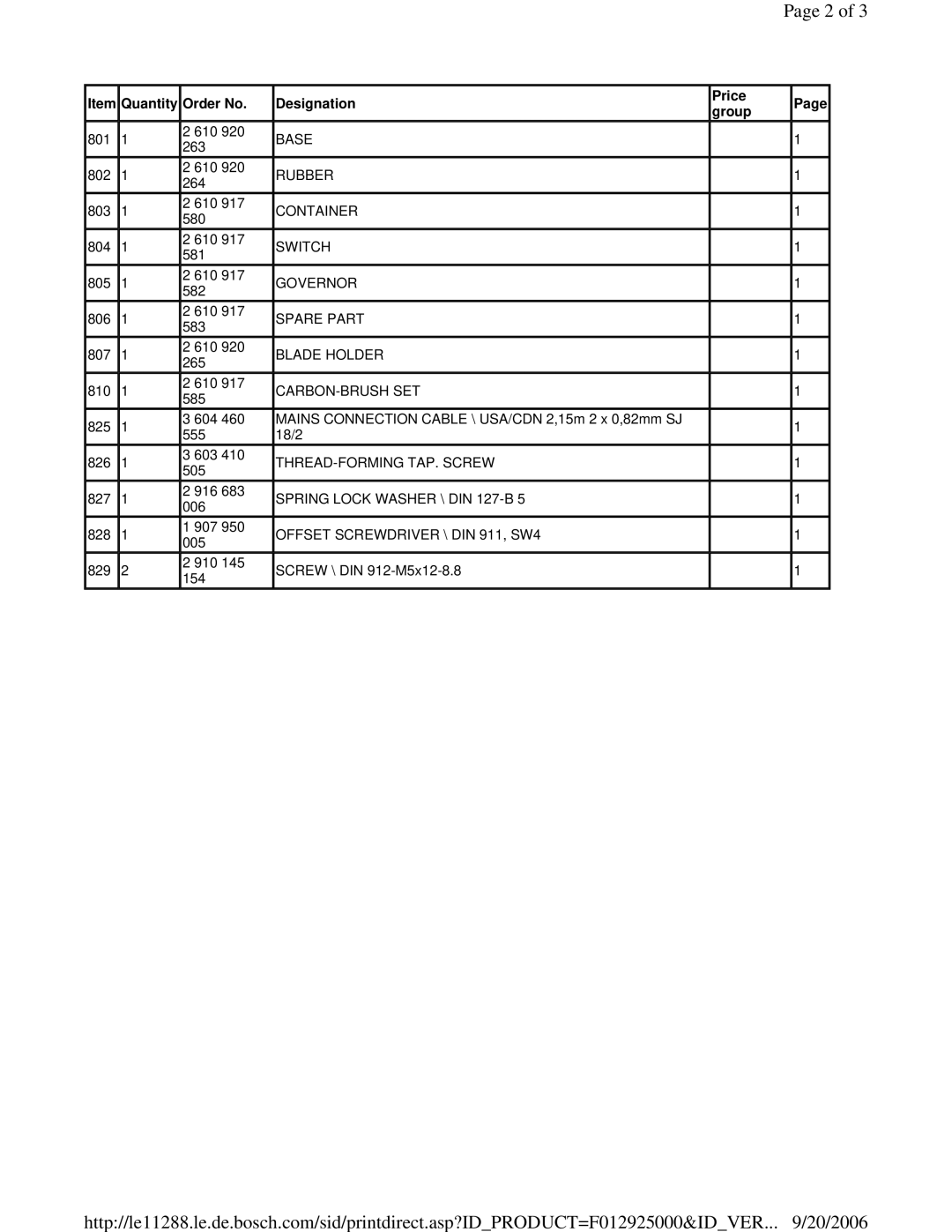 Skil 9250 manual Item Quantity Order No, Designation, Price Page group 