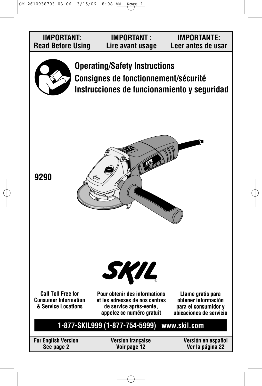 Skil 9290 manual For English Version Version française 