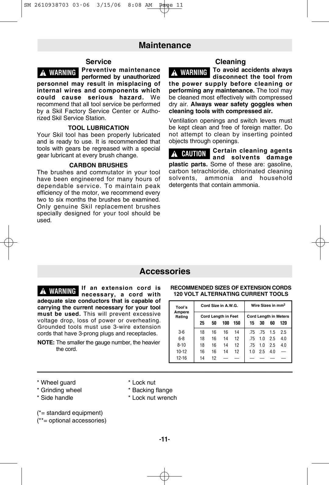 Skil 9290 manual Maintenance, Accessories, Cleaning, Tool Lubrication, Carbon Brushes 