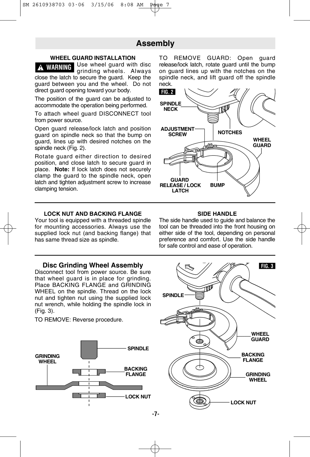 Skil 9290 manual Disc Grinding Wheel Assembly, Wheel Guard Installation, Lock NUT and Backing Flange, Side Handle 