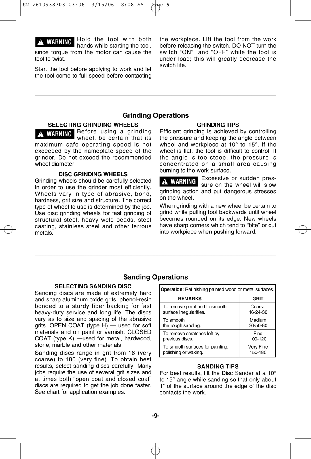 Skil 9290 manual Grinding Operations, Sanding Operations 