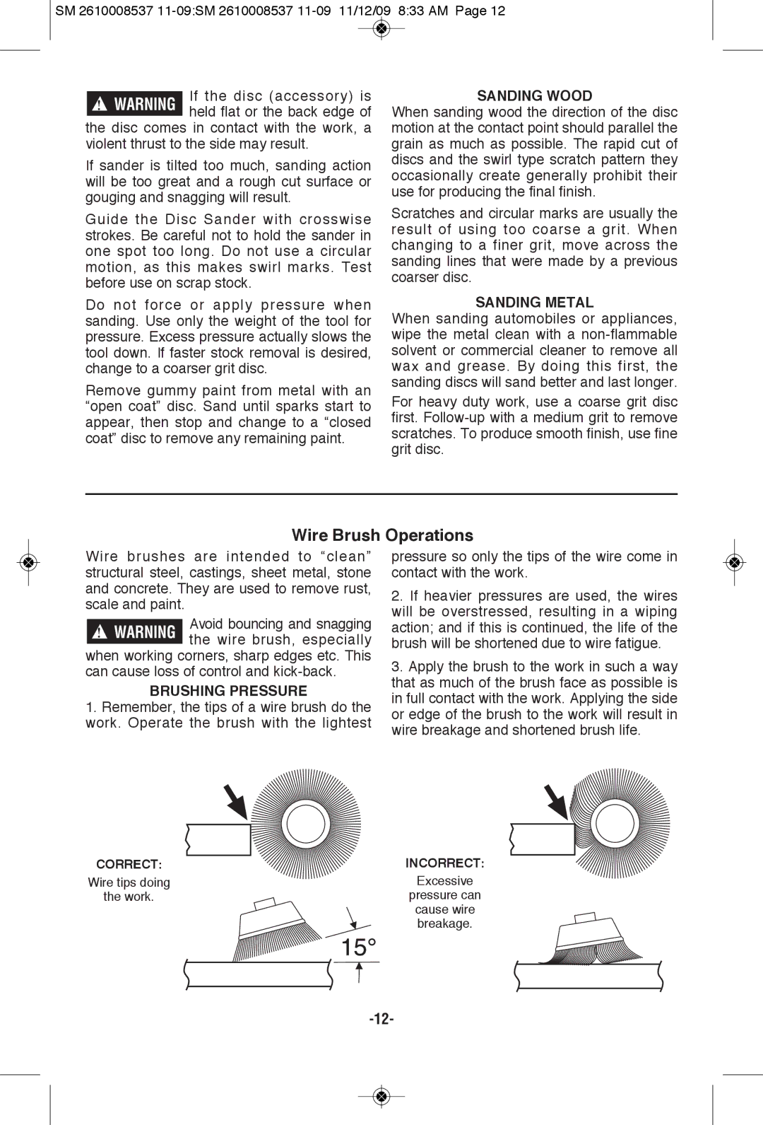 Skil 9295 manual Wire Brush Operations, Sanding Wood, Sanding Metal, Brushing Pressure 