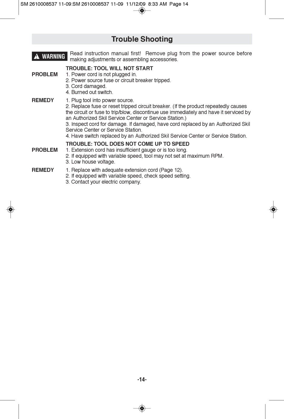 Skil 9295 manual Trouble Shooting, Problem Trouble Tool will not Start, Trouble Tool does not Come UP to Speed, REMEDy 