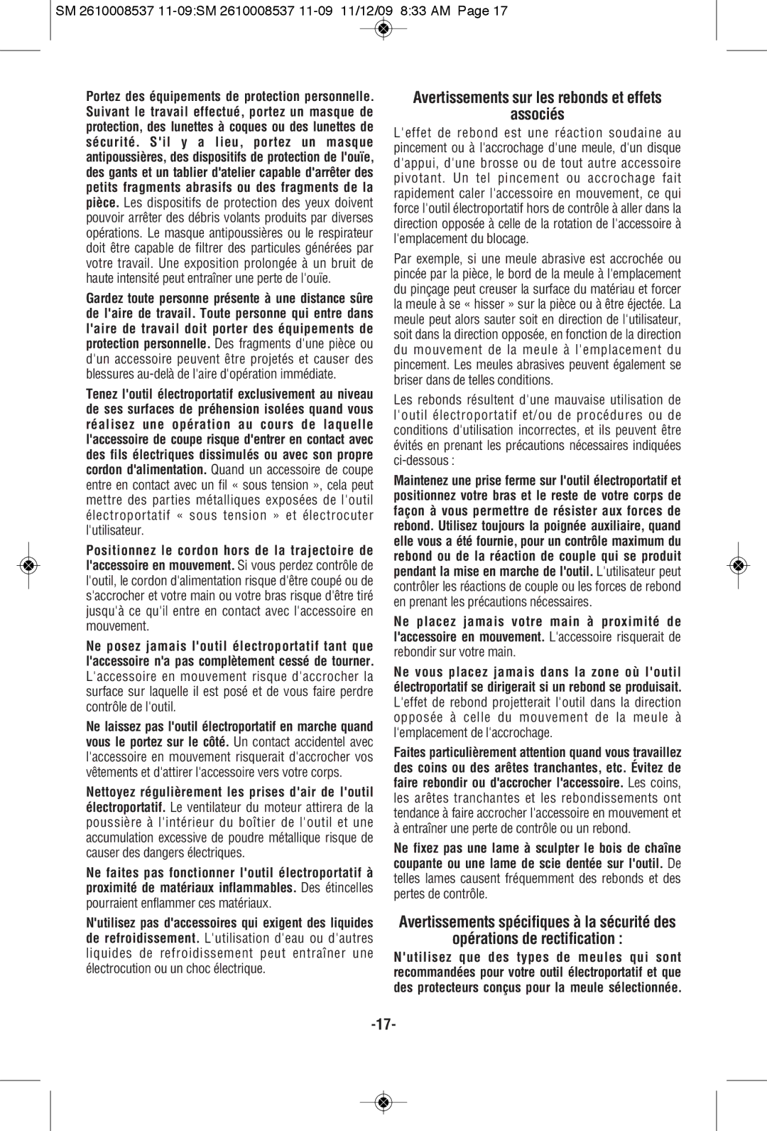 Skil 9295 manual Avertissements sur les rebonds et effets Associés 