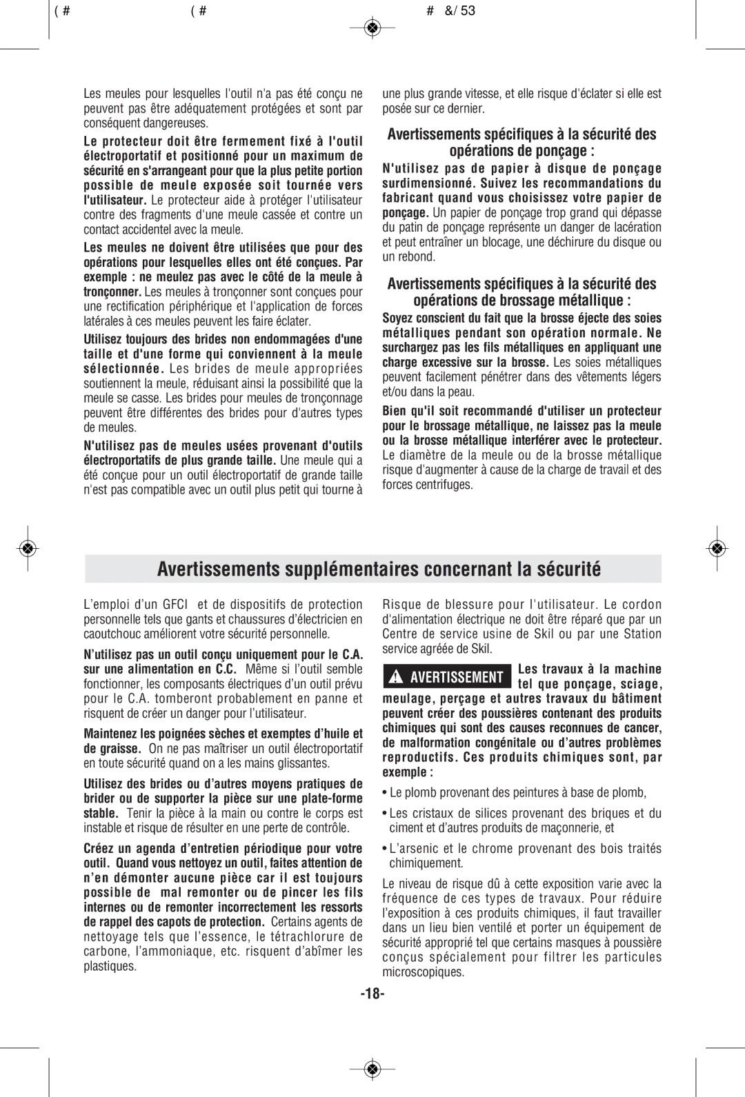 Skil 9295 manual Avertissements supplémentaires concernant la sécurité, Le plomb provenant des peintures à base de plomb 