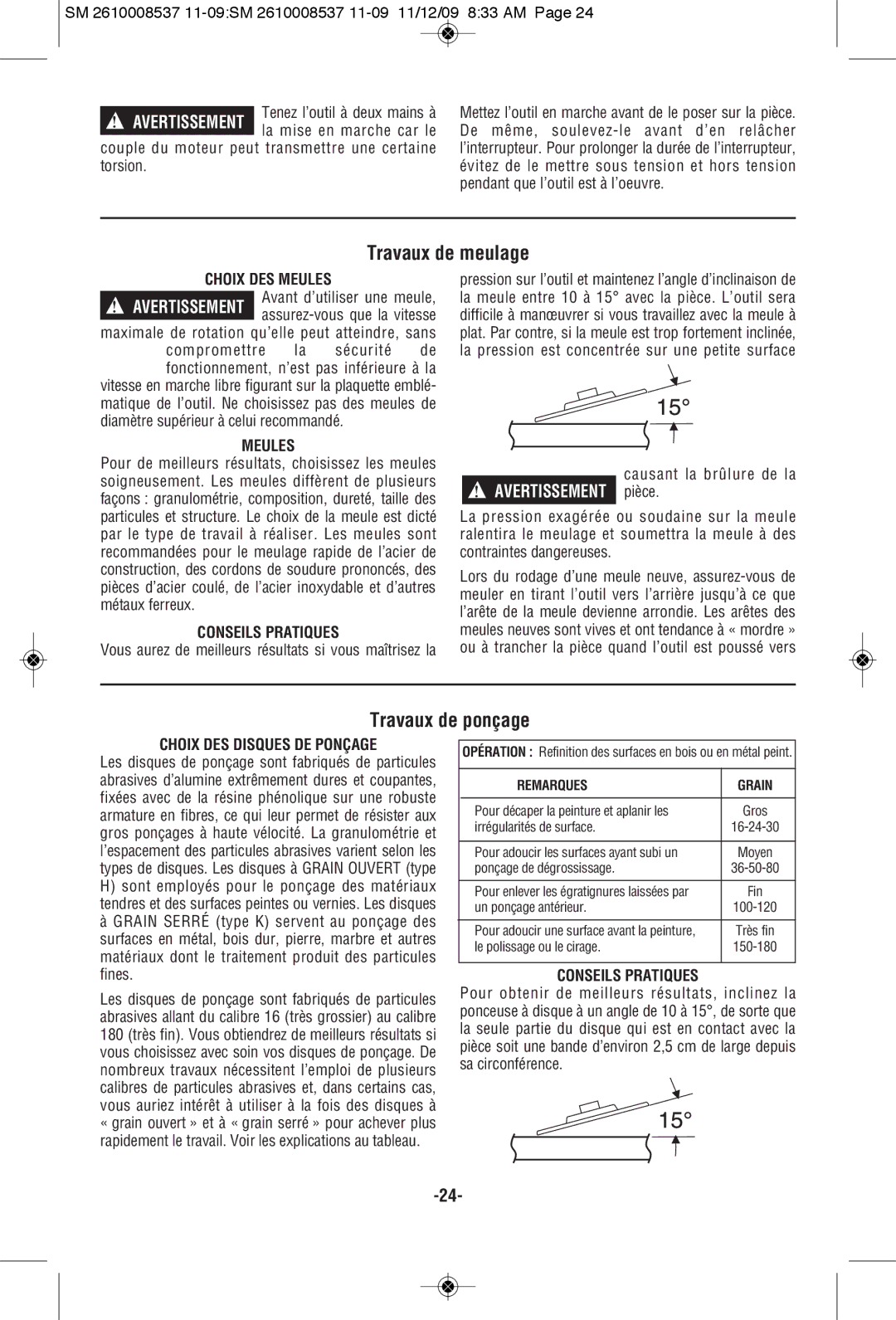 Skil 9295 manual Travaux de meulage, Travaux de ponçage 