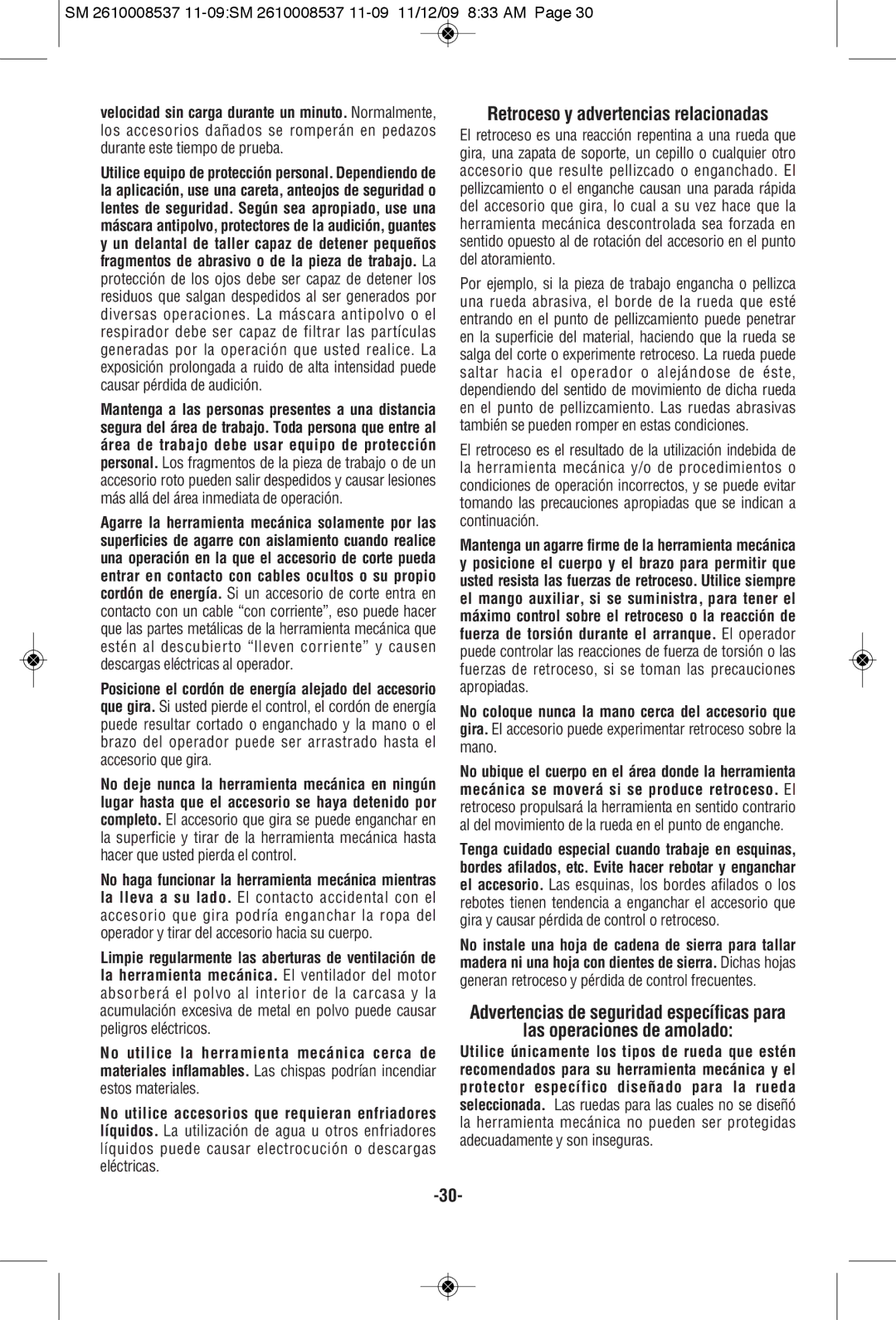 Skil 9295 manual Retroceso y advertencias relacionadas 