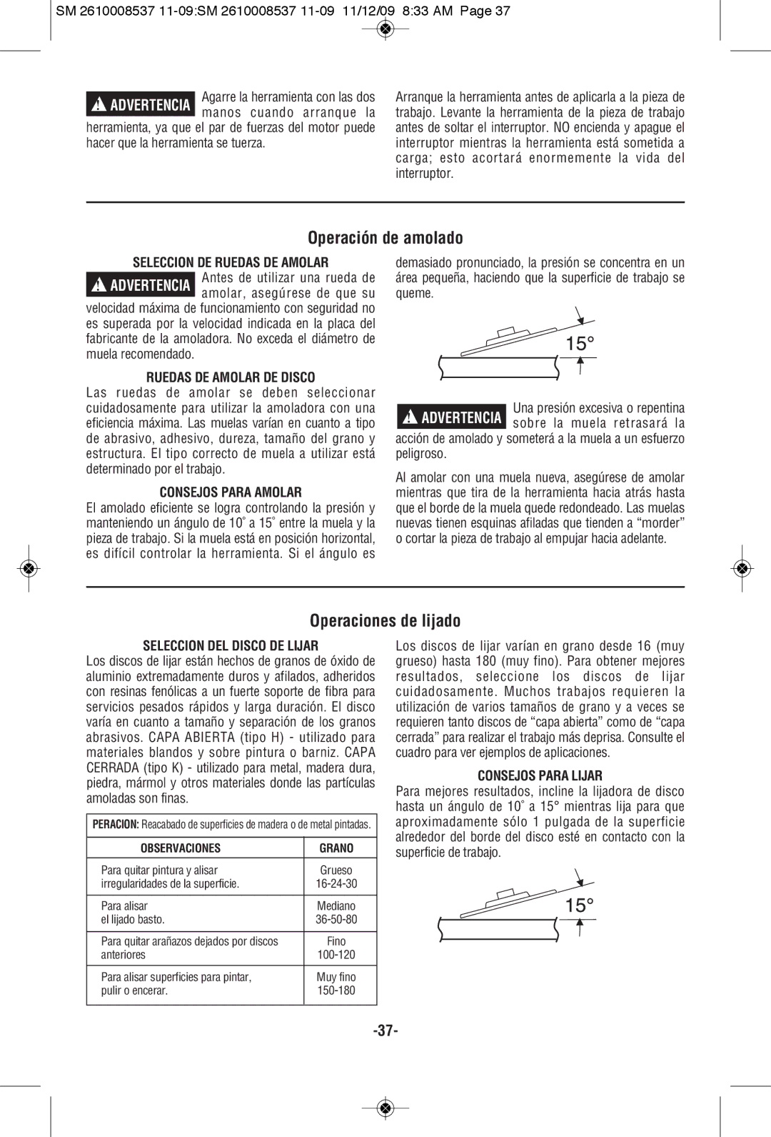 Skil 9295 manual Operación de amolado, Operaciones de lijado 