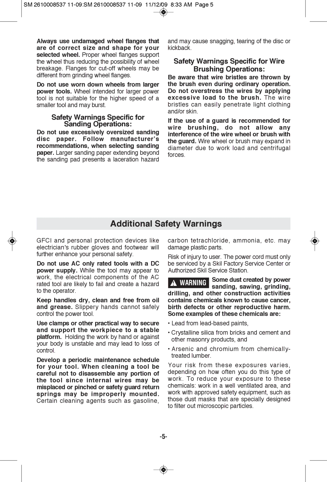 Skil 9295 manual Additional Safety Warnings, Safety Warnings Specific for Sanding Operations 