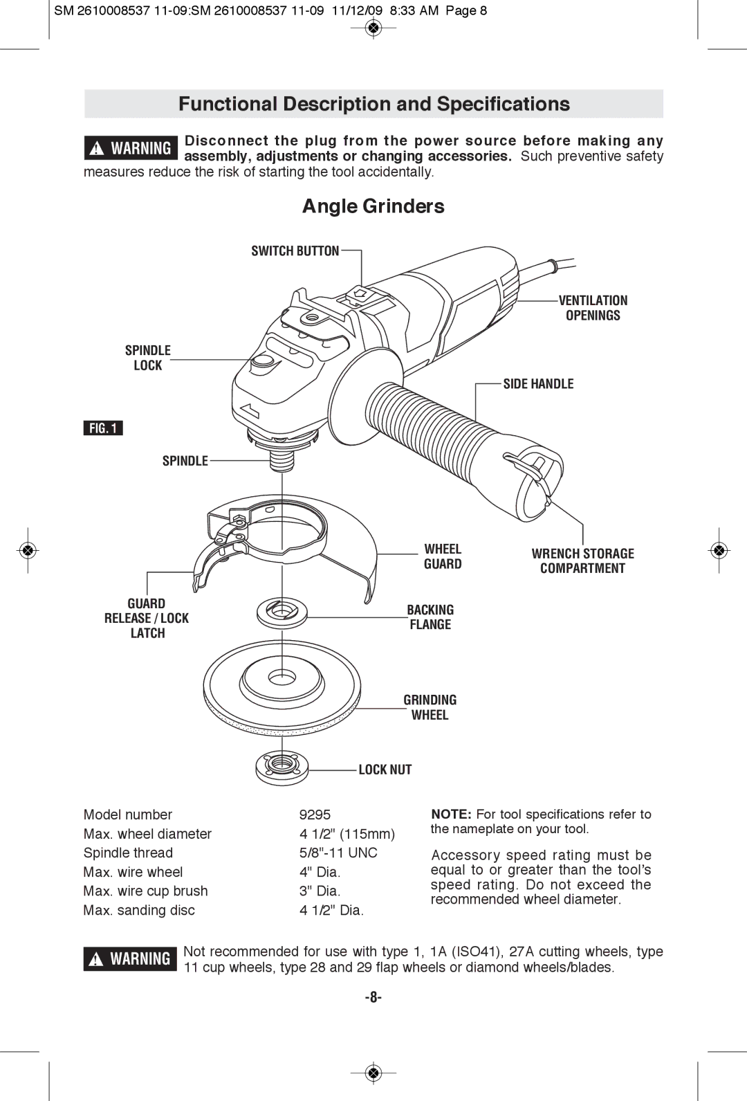 Skil 9295 manual Functional Description and Specifications, Angle Grinders 