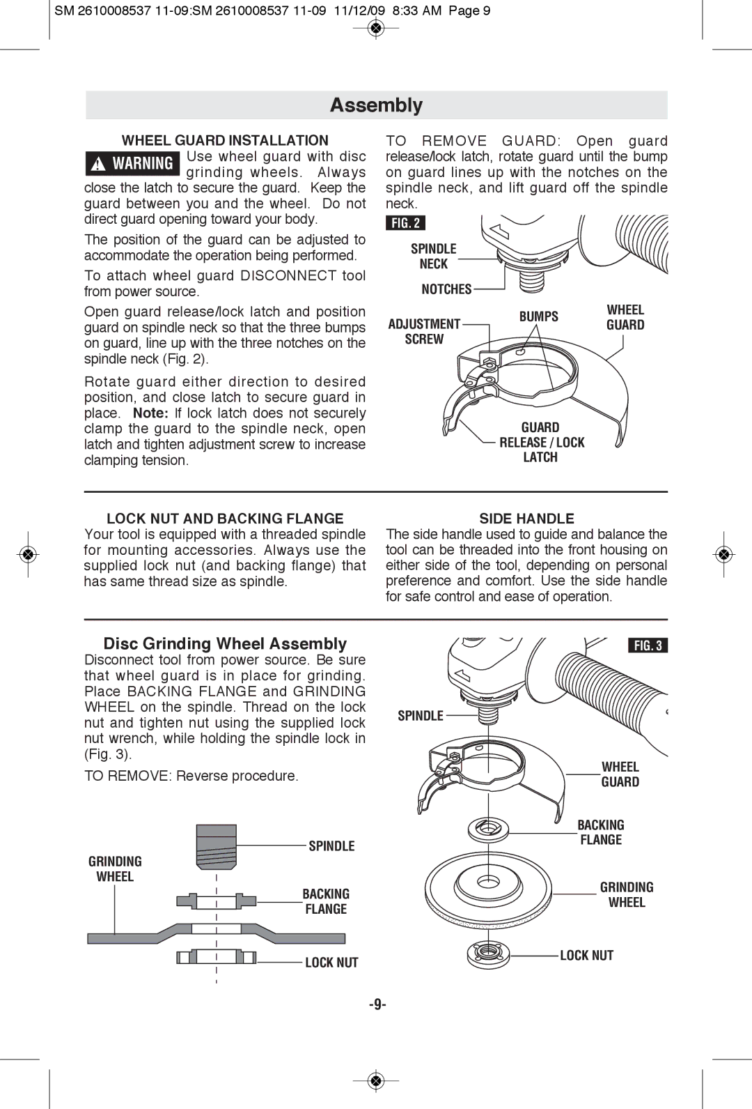 Skil 9295 Disc Grinding Wheel Assembly, Wheel Guard Installation, Spindle Grinding Wheel Backing Flange Lock NUT Guard 