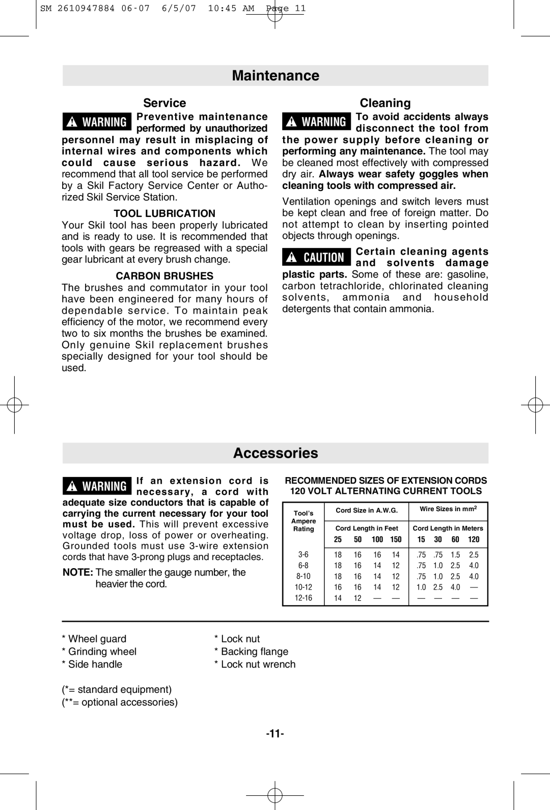 Skil 9330 manual Maintenance, Accessories, Cleaning, Tool Lubrication, Carbon Brushes 