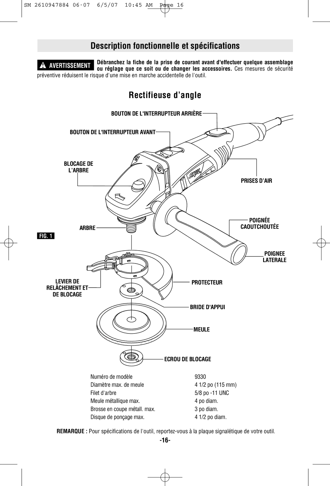 Skil Description fonctionnelle et spécifications, Rectifieuse d’angle, Numéro de modèle 9330 Diamètre max. de meule 