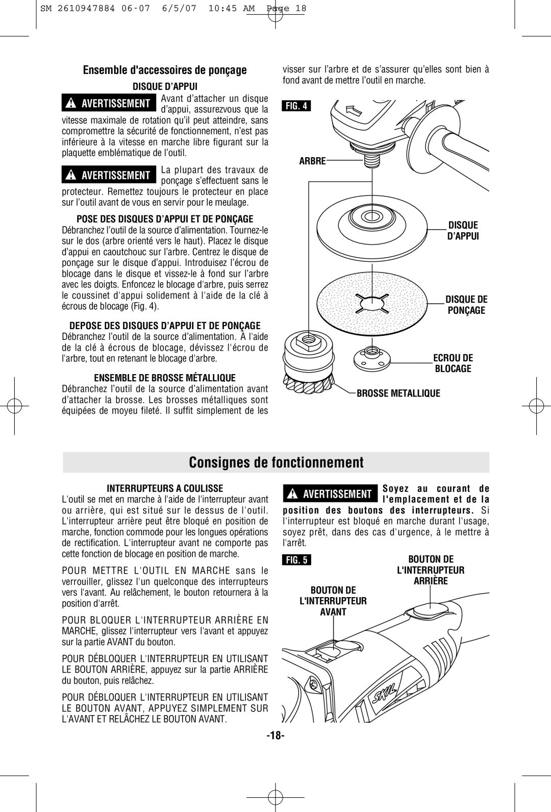 Skil 9330 manual Consignes de fonctionnement, Disque D’APPUI, Ensemble DE Brosse Métallique, Interrupteurs a Coulisse 