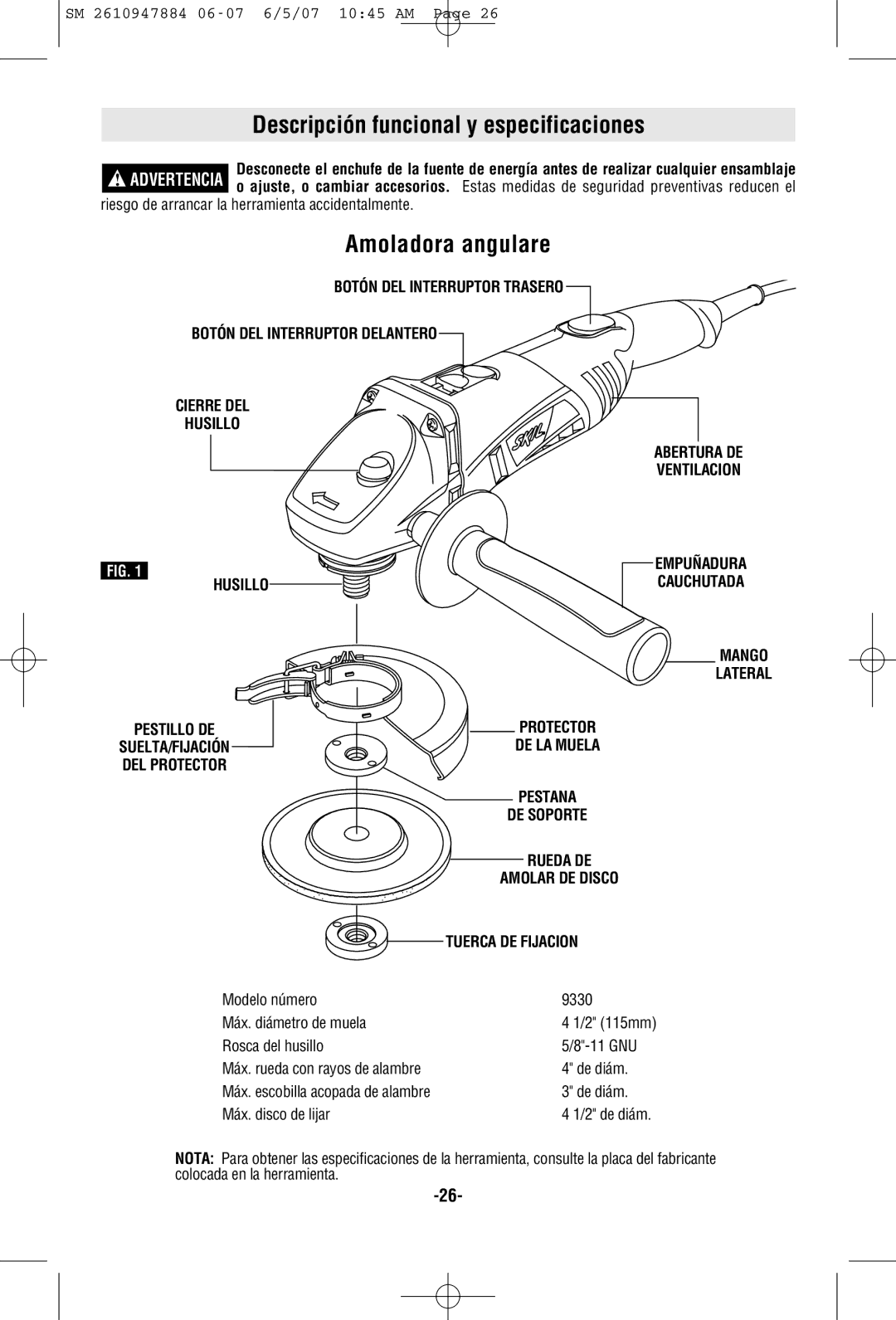 Skil 9330 Descripción funcional y especificaciones, Amoladora angulare, Riesgo de arrancar la herramienta accidentalmente 