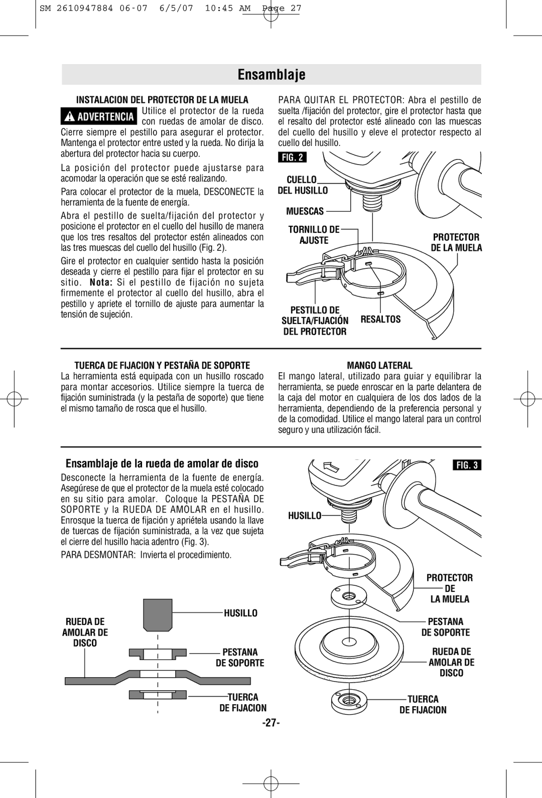 Skil 9330 manual Ensamblaje, Para Desmontar Invierta el procedimiento, Tuerca DE Fijacion Y Pestaña DE Soporte 