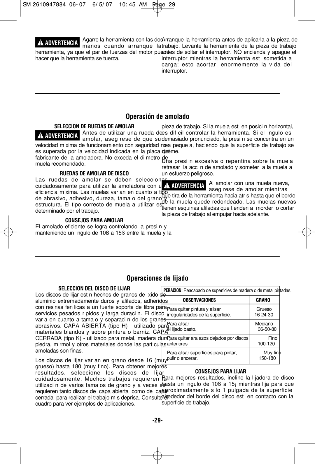 Skil 9330 manual Operación de amolado, Operaciones de lijado 