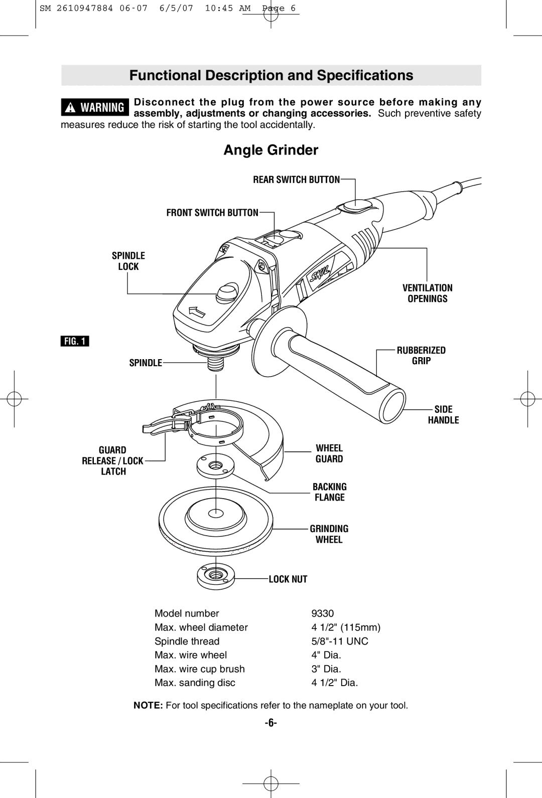 Skil 9330 manual Functional Description and Specifications, Angle Grinder, Latch, Lock NUT 