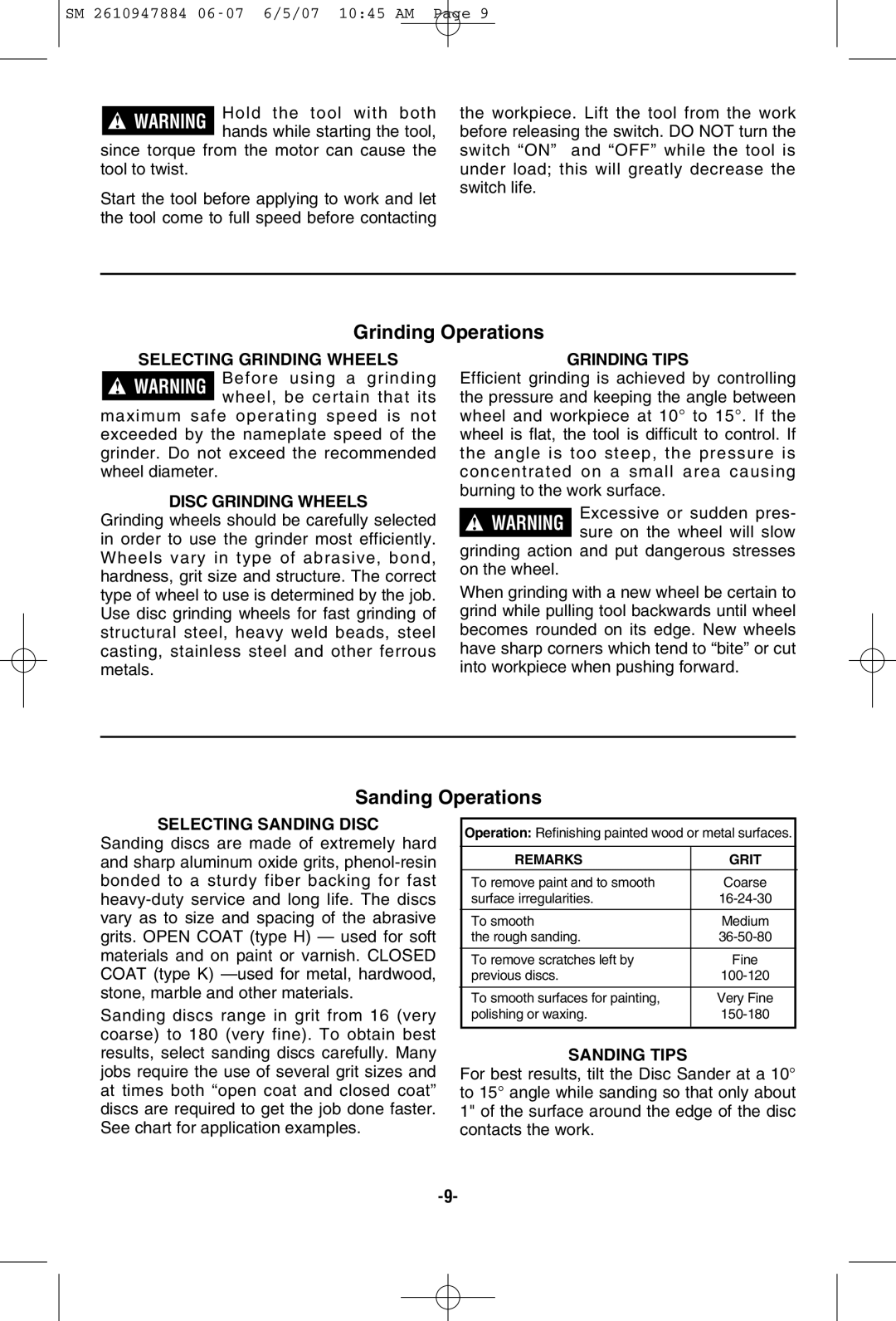 Skil 9330 manual Grinding Operations, Sanding Operations 