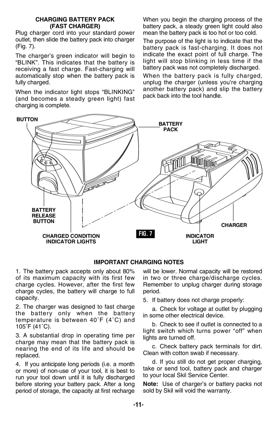 Skil 9350 manual Charging Battery Pack Fast Charger, Important Charging Notes 