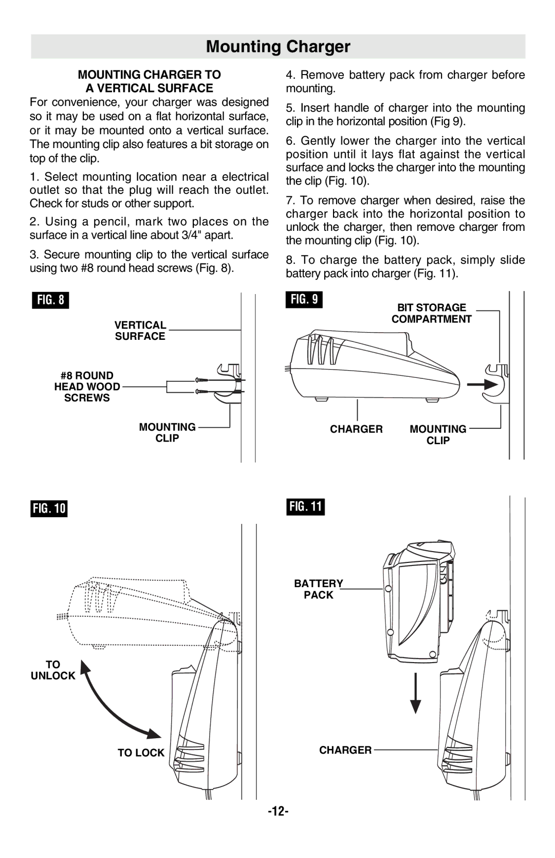 Skil 9350 manual Mounting Charger to Vertical Surface 