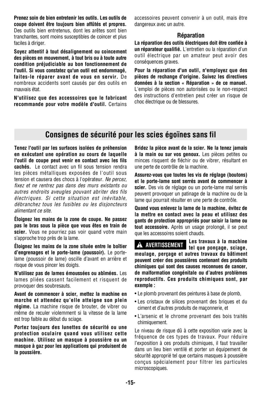 Skil 9350 manual Consignes de sécurité pour les scies égoïnes sans fil, Réparation 