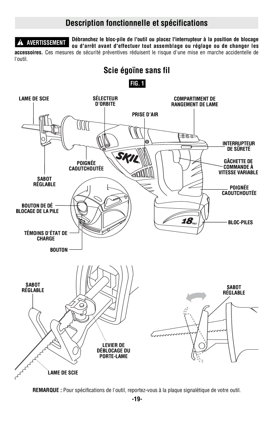 Skil 9350 manual Description fonctionnelle et spécifications, Scie égoïne sans fil 