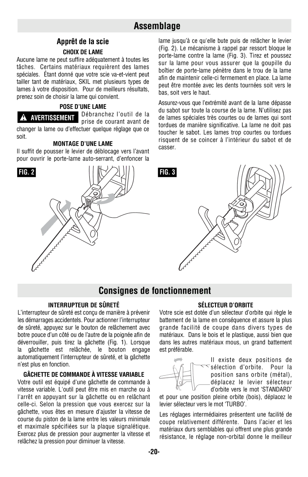 Skil 9350 manual Assemblage, Consignes de fonctionnement, Apprêt de la scie 