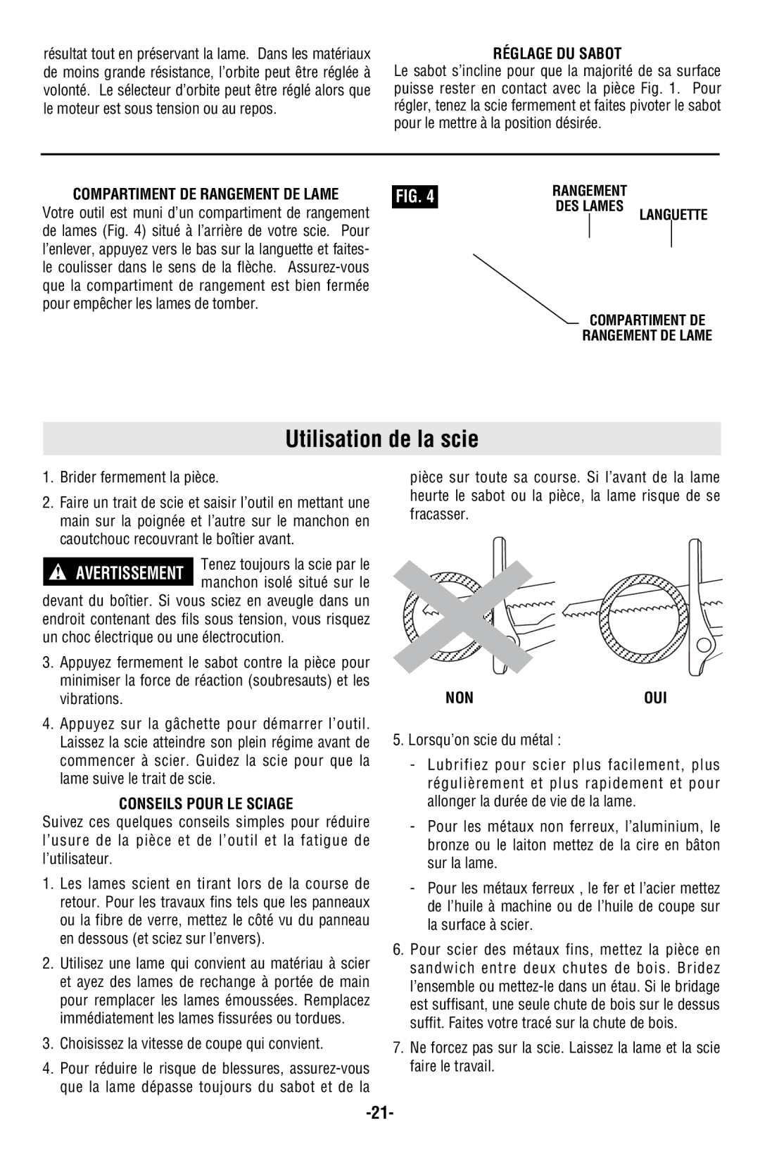 Skil 9350 manual Utilisation de la scie, Réglage DU Sabot, Conseils Pour LE Sciage, Nonoui 