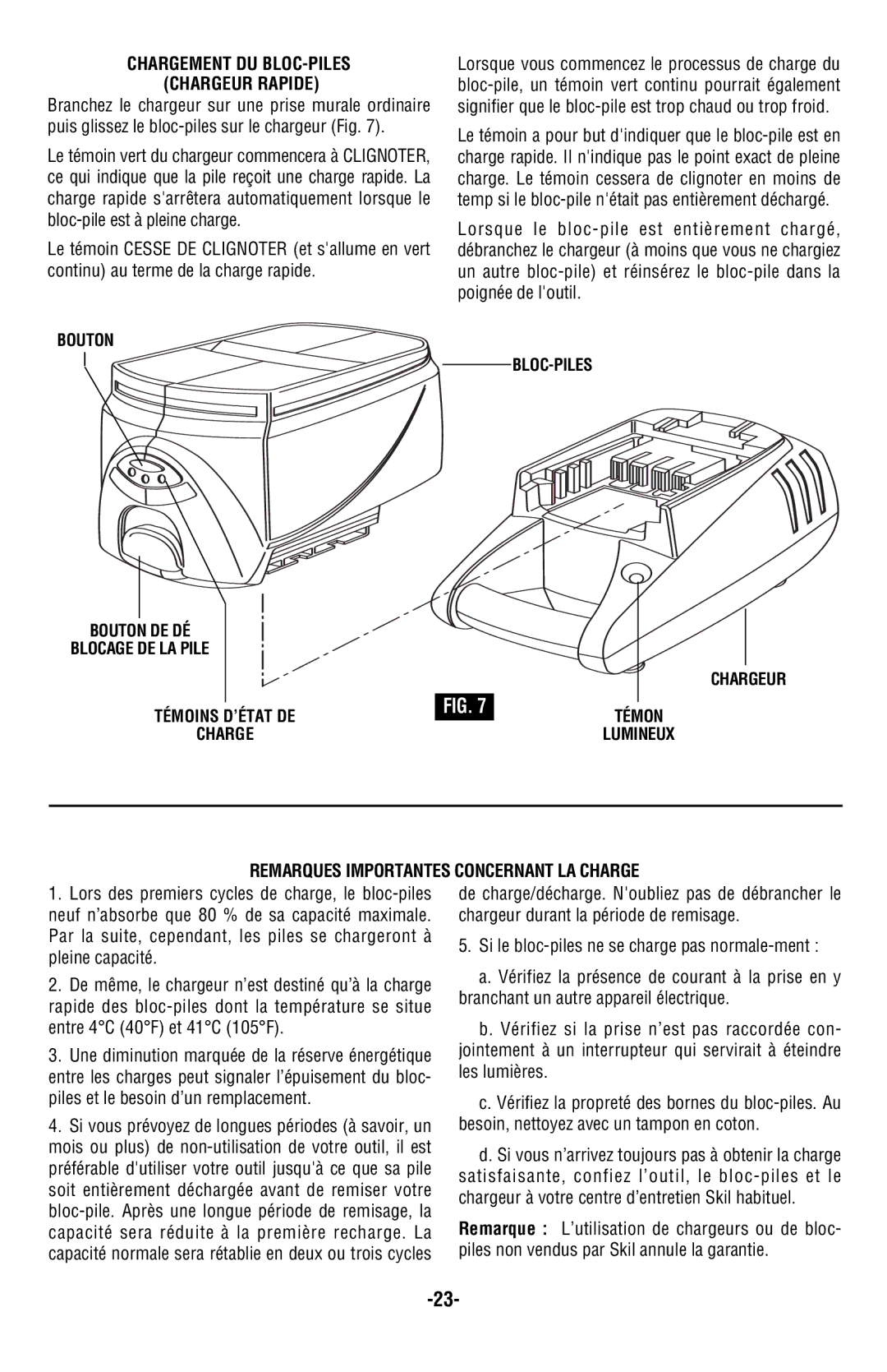 Skil 9350 manual Chargement DU BLOC-PILES Chargeur Rapide, Remarques Importantes Concernant LA Charge 