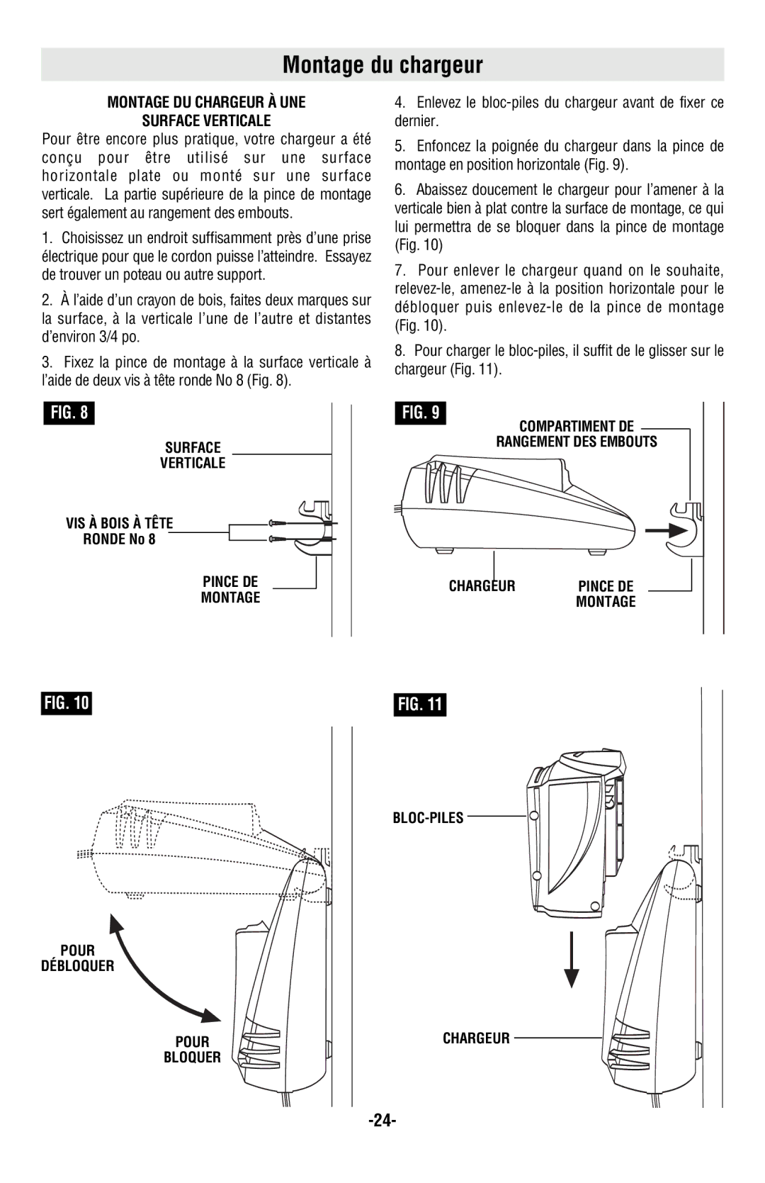 Skil 9350 manual Montage du chargeur, Montage DU Chargeur À UNE Surface Verticale 