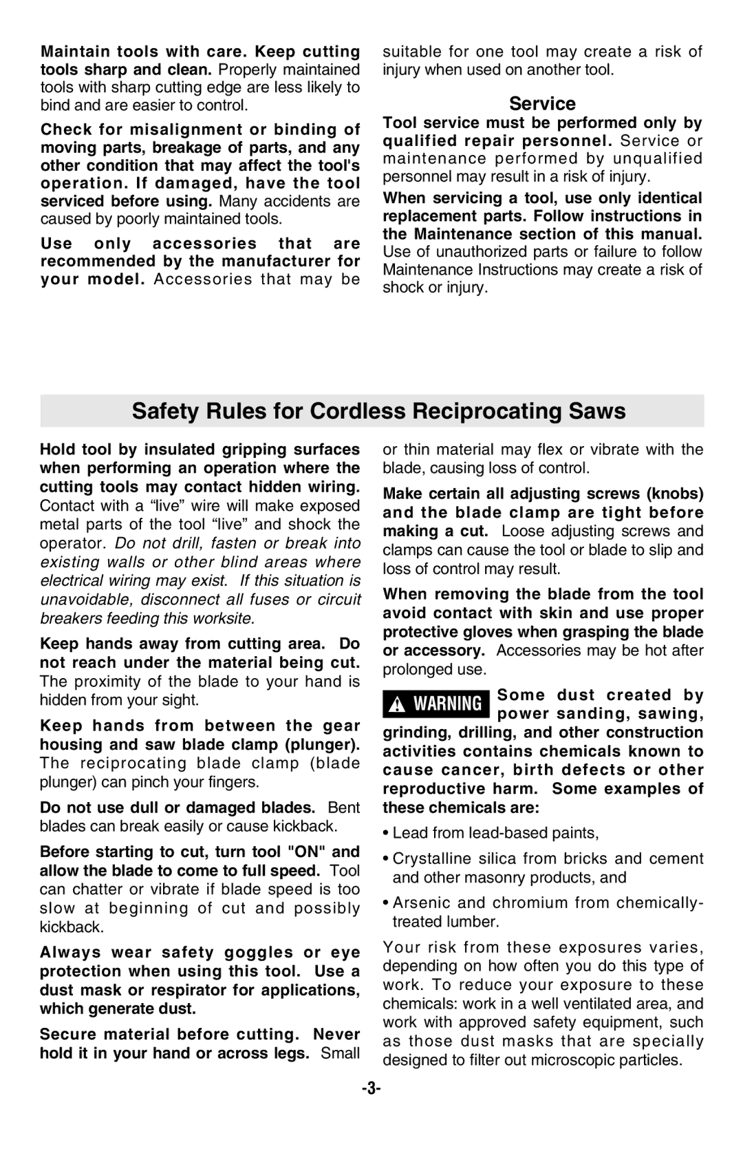 Skil 9350 manual Safety Rules for Cordless Reciprocating Saws, Service, Prolonged use 