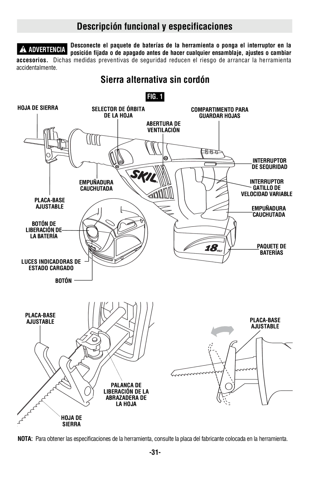 Skil 9350 manual Descripción funcional y especificaciones, Sierra alternativa sin cordón 