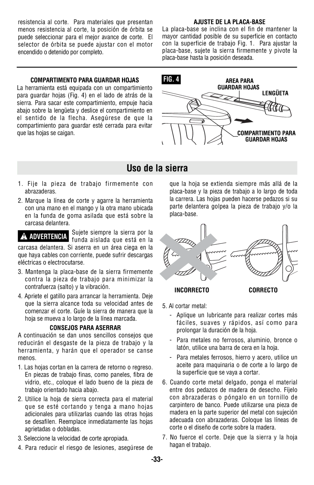 Skil 9350 manual Uso de la sierra, Ajuste DE LA PLACA-BASE, Compartimento Para Guardar Hojas, Consejos Para Aserrar 