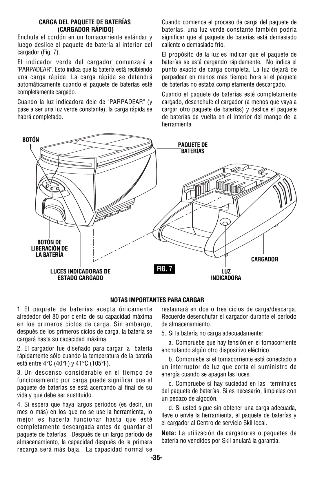 Skil 9350 manual Carga DEL Paquete DE Baterías Cargador Rápido, Notas Importantes Para Cargar 