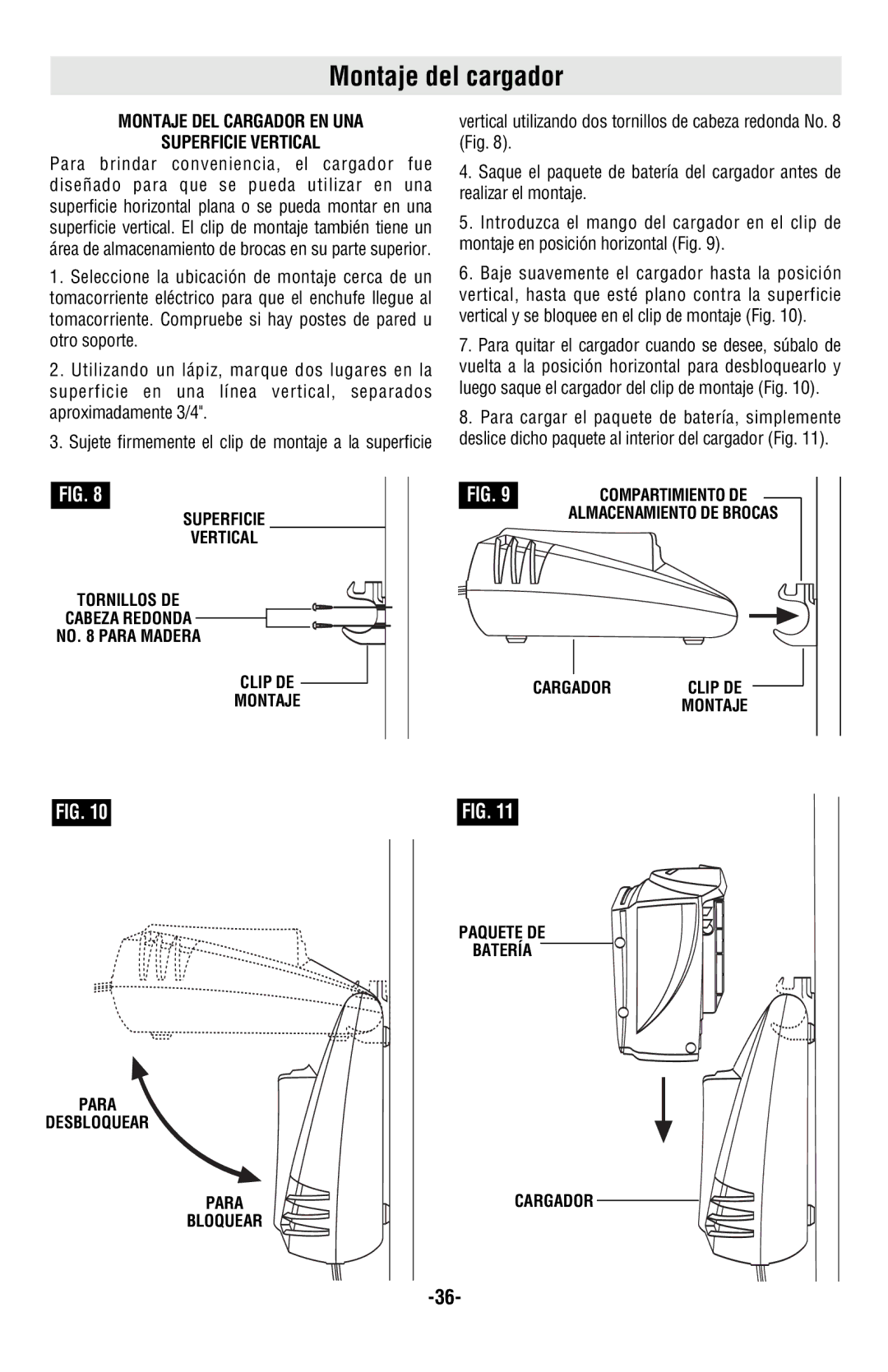 Skil 9350 manual Montaje del cargador, Montaje DEL Cargador EN UNA Superficie Vertical 