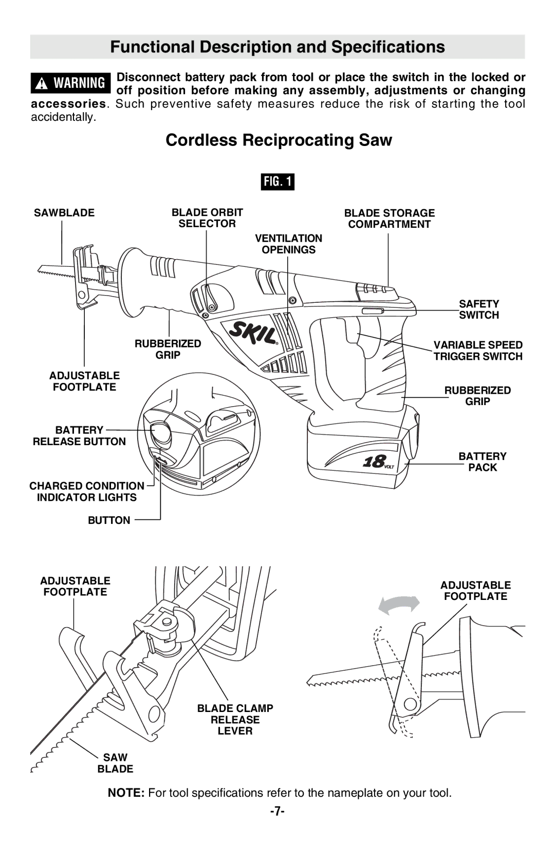 Skil 9350 manual Functional Description and Specifications, Cordless Reciprocating Saw 