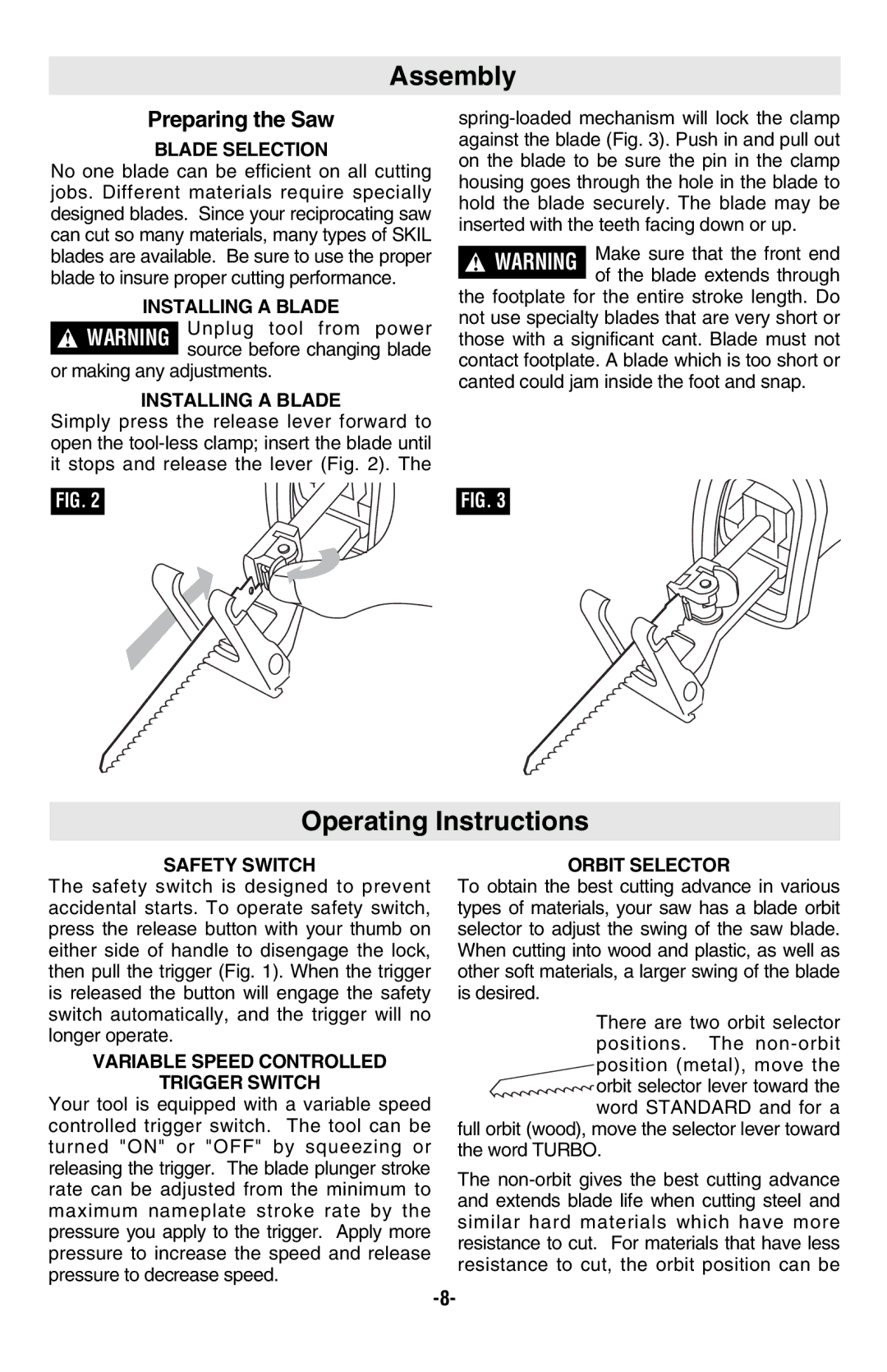 Skil 9350 manual Assembly, Operating Instructions, Preparing the Saw 