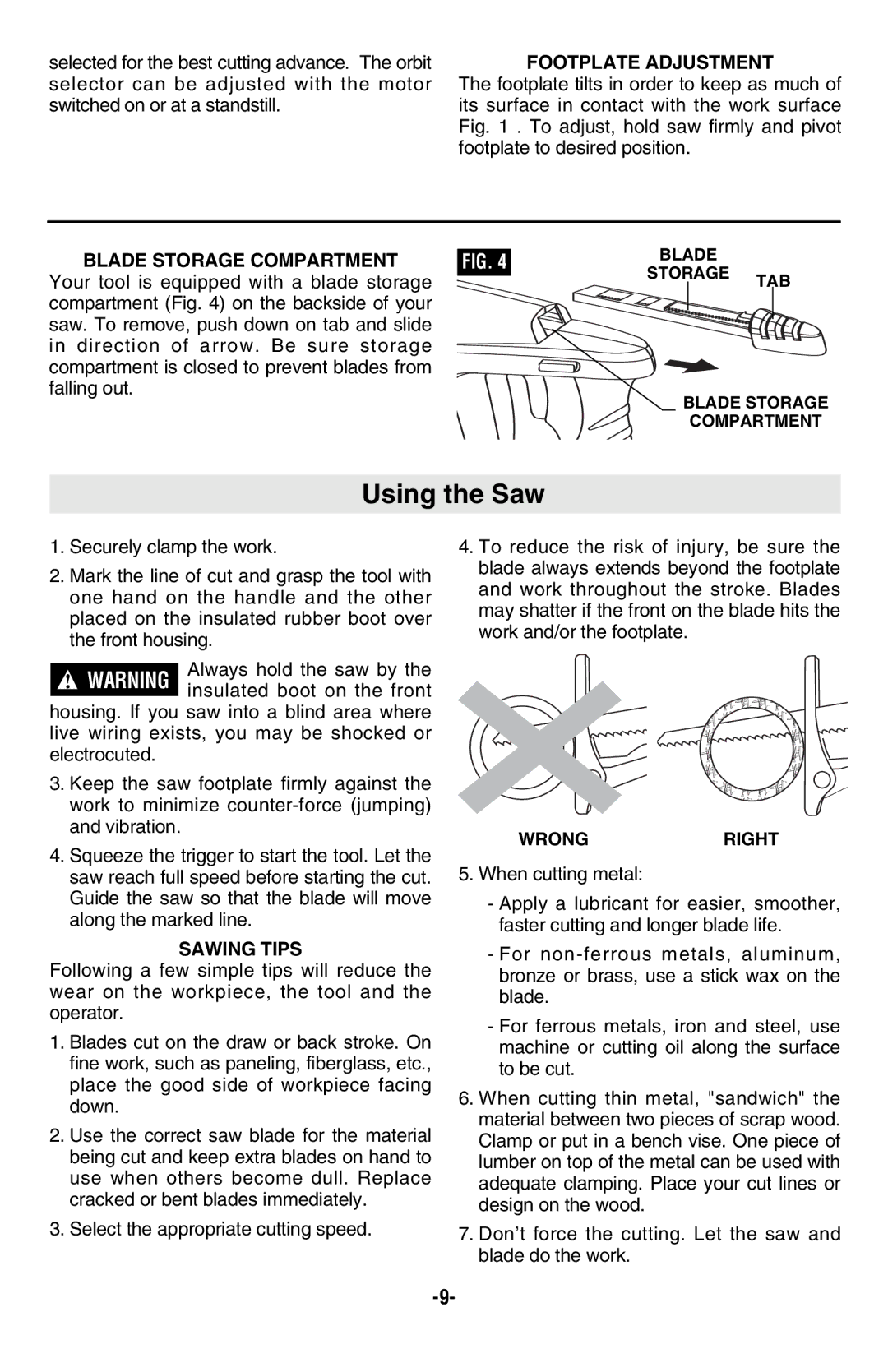 Skil 9350 manual Using the Saw, Footplate Adjustment, Sawing Tips, Wrongright 