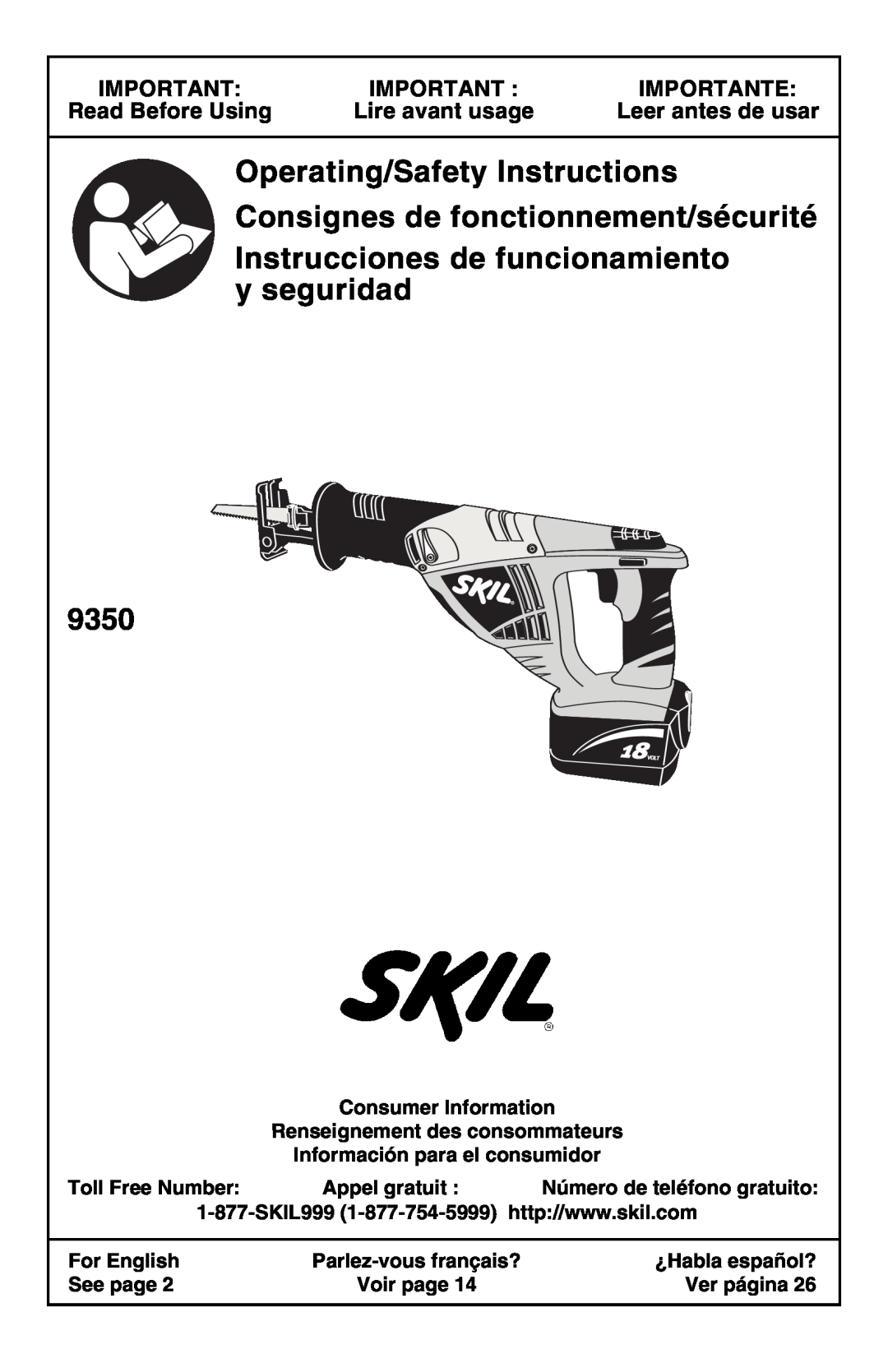 Skil 9350 manual Importante, Read Before Using, Lire avant usage, Leer antes de usar 