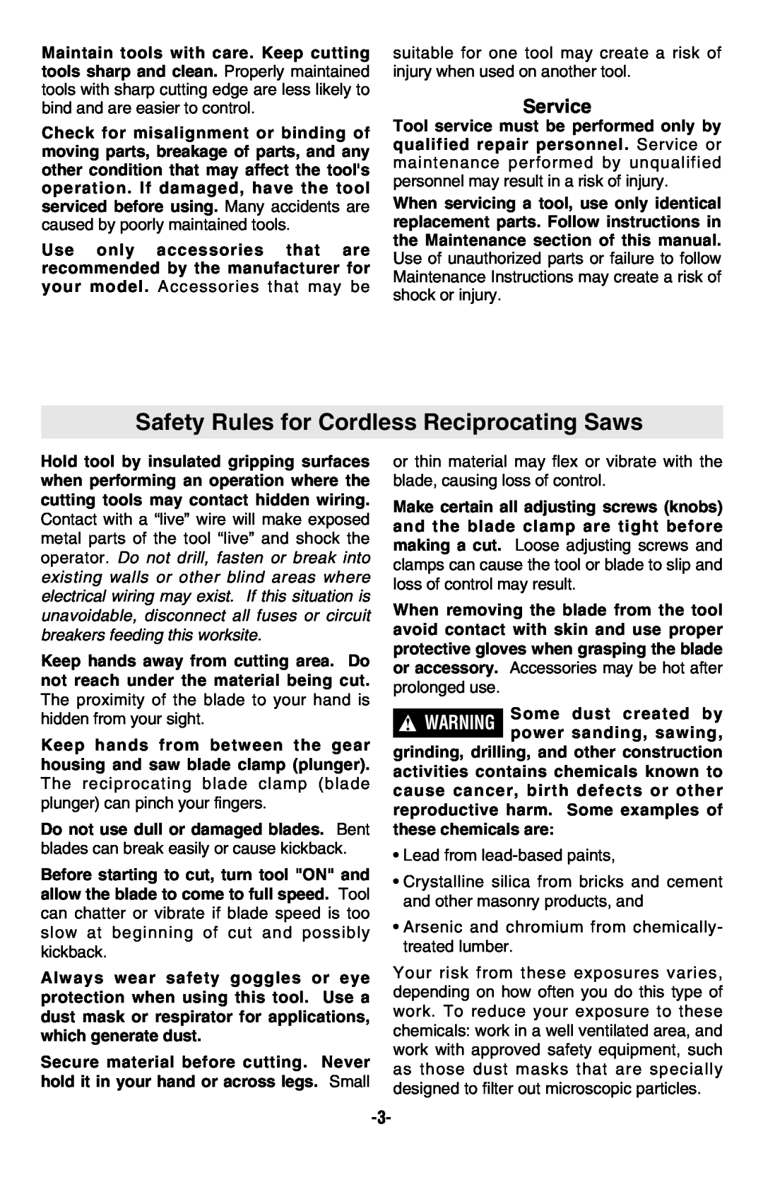 Skil 9350 manual Safety Rules for Cordless Reciprocating Saws, Service 