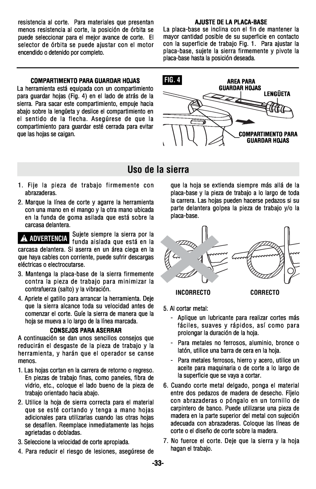 Skil 9350 manual Uso de la sierra, Ajuste De La Placa-Base, Compartimento Para Guardar Hojas, Consejos Para Aserrar 