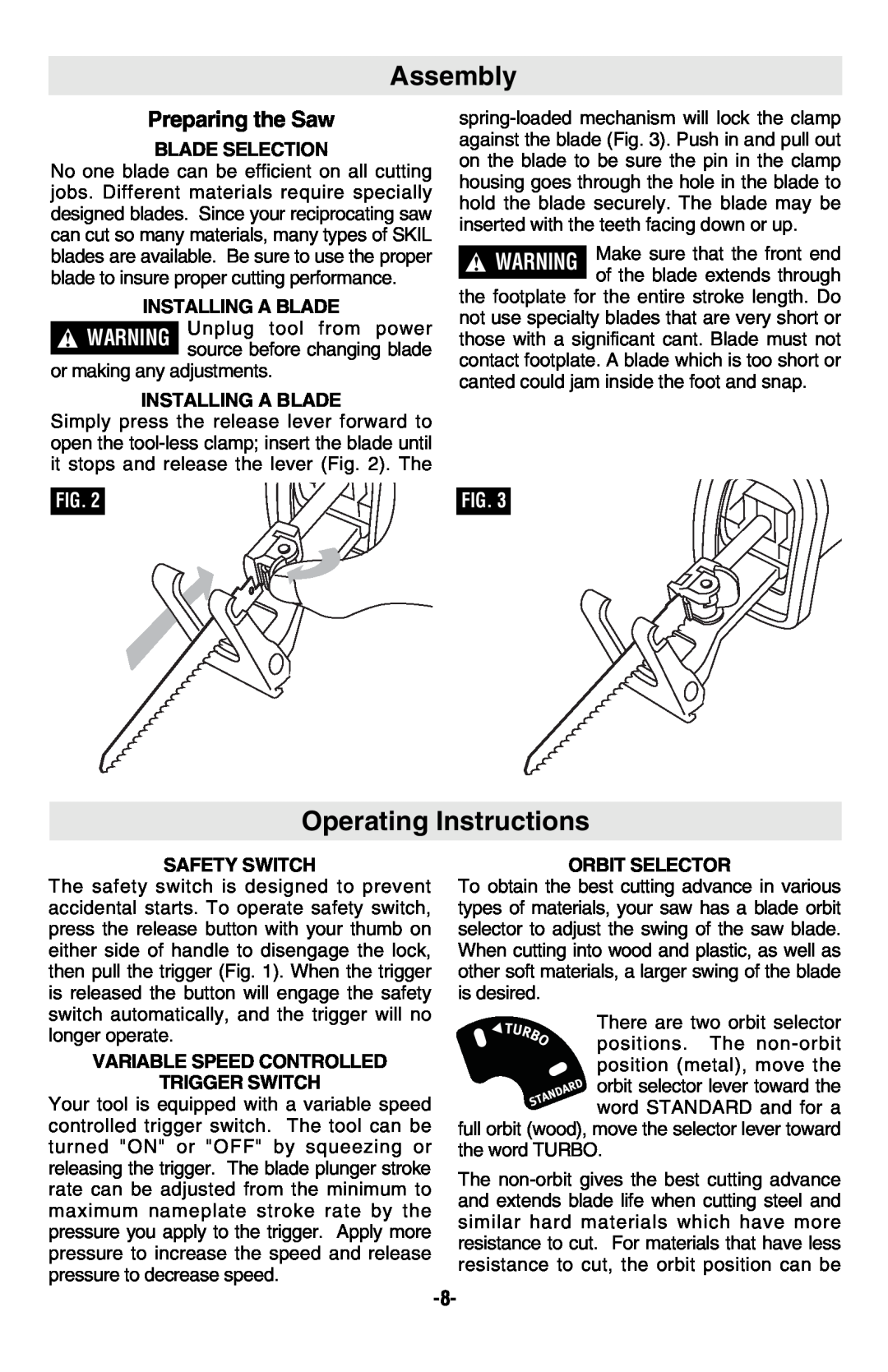 Skil 9350 manual Assembly, Operating Instructions, Preparing the Saw 