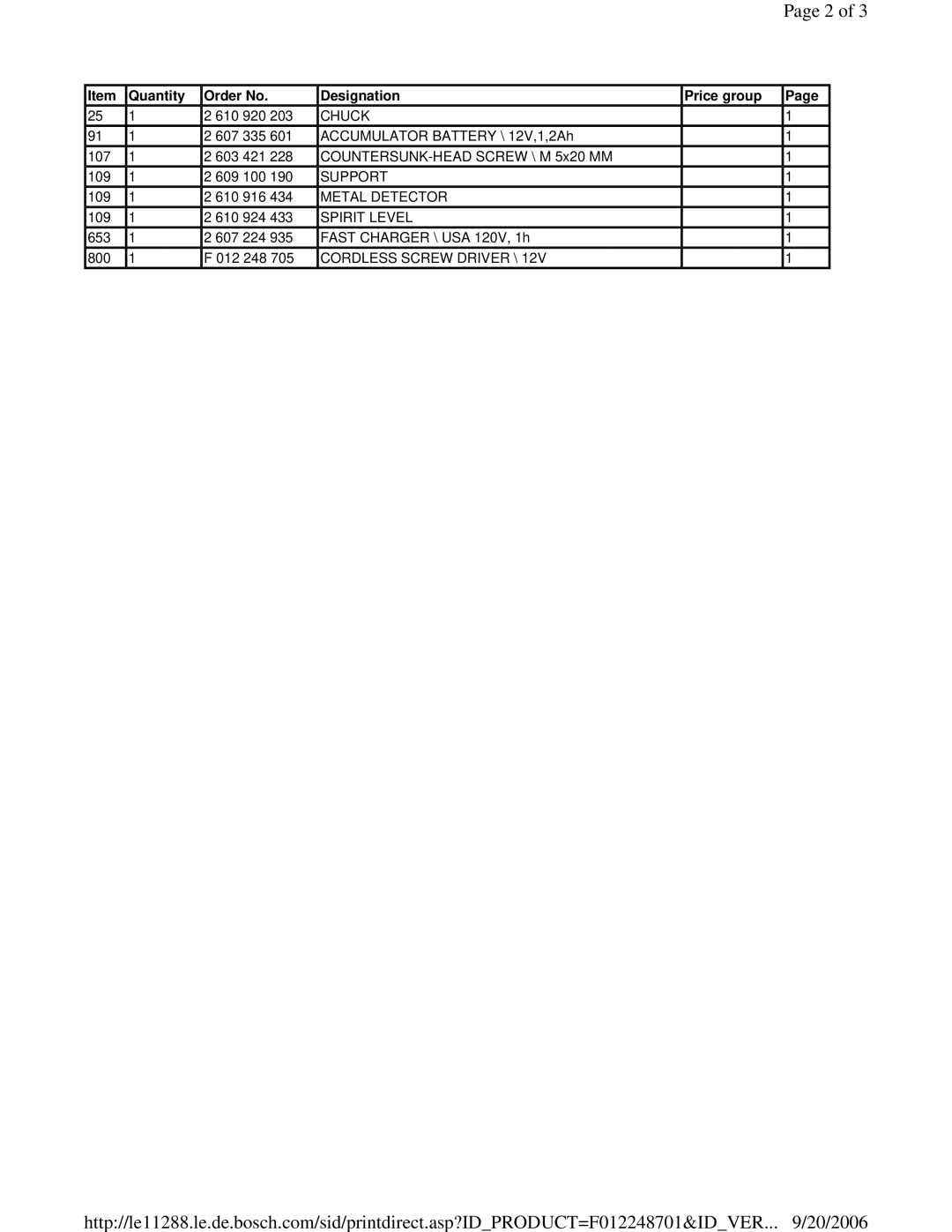 Skil F 012 248 701 manual Quantity Order No Designation Price group 