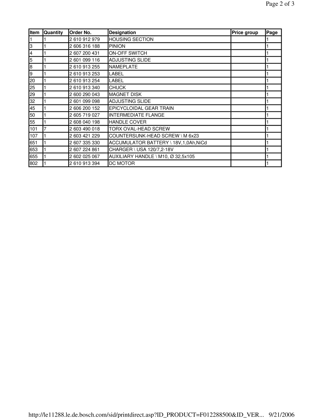 Skil F 012 288 500 manual Quantity Order No Designation Price group 