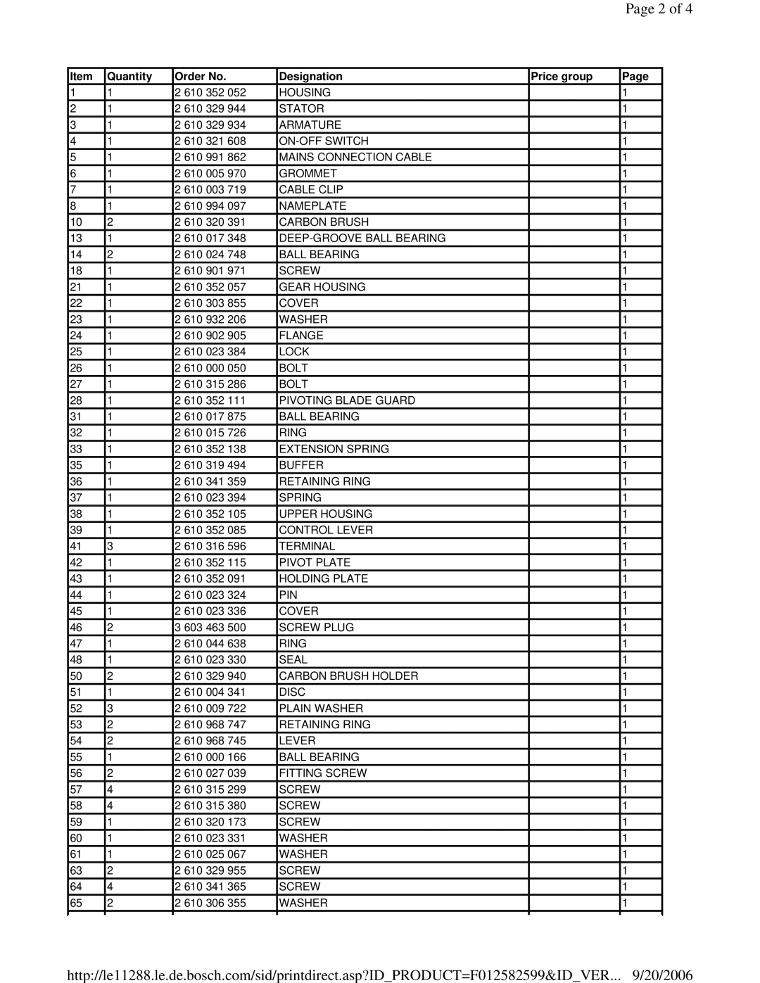 Skil F 012 582 599 manual Quantity Order No Designation Price group 