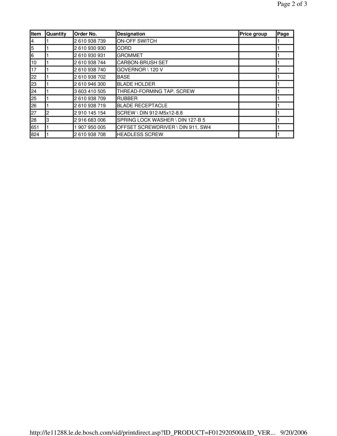 Skil F 012 920 500 manual Quantity Order No Designation Price group 