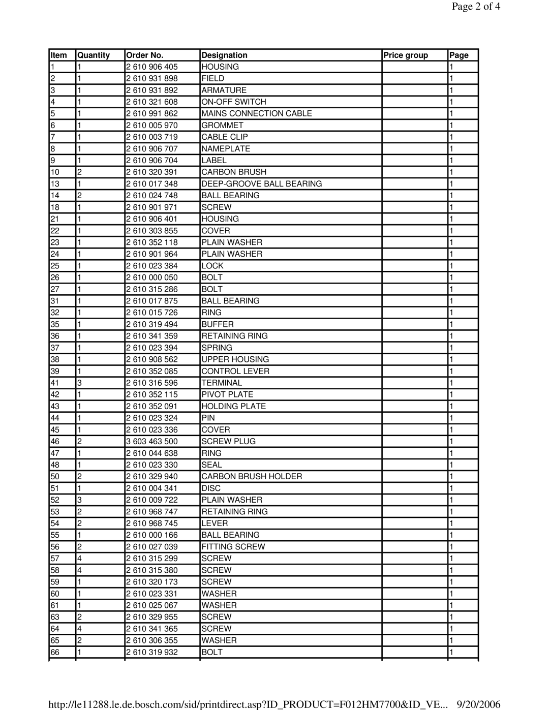 Skil F 012 HM7 700 manual Quantity Order No Designation Price group 