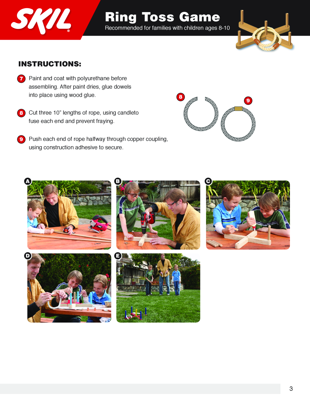 Skil Games Ring Toss Game, Instructions, Recommended for families with children ages, into place using wood glue, Abc De 