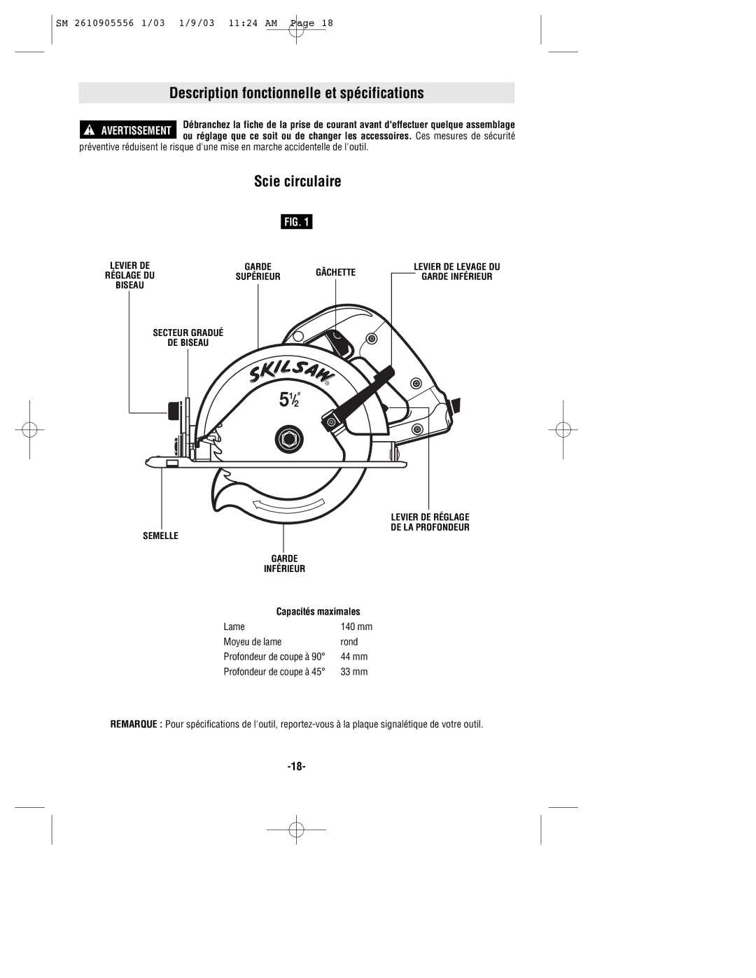 Skil HD5510 manual Description fonctionnelle et spécifications, Scie circulaire, Capacités maximales 